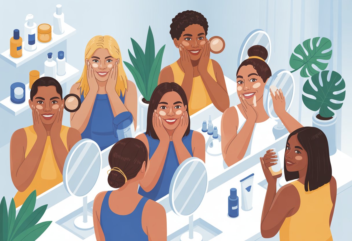 A diverse group of people engaging in skincare routines and looking confident in a bright, modern bathroom setting.