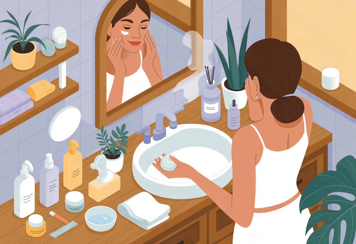 A person applying face cream in a bright bathroom surrounded by skincare products, plants, and soft natural light.
