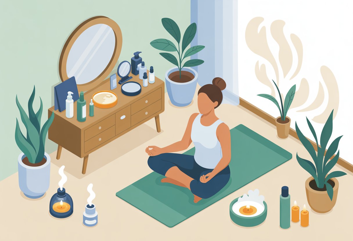 A person meditating on a yoga mat in a cozy room with skincare products on a nearby vanity table, surrounded by plants and calming wellness items.