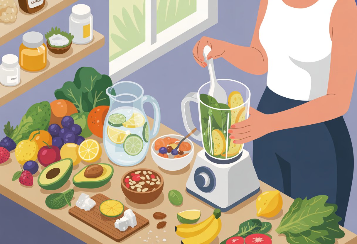 A kitchen scene with fresh fruits, vegetables, nuts, and a person preparing a healthy smoothie, emphasizing nourishing the body for glowing skin.