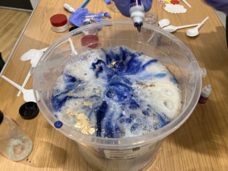 A homemade potion in blue and white
