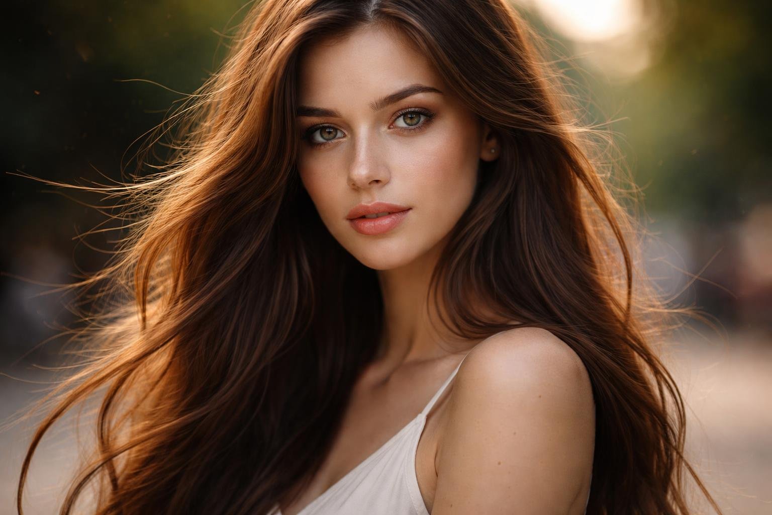 Close-up portrait of a young woman with long, healthy, shiny hair, softly blurred background.