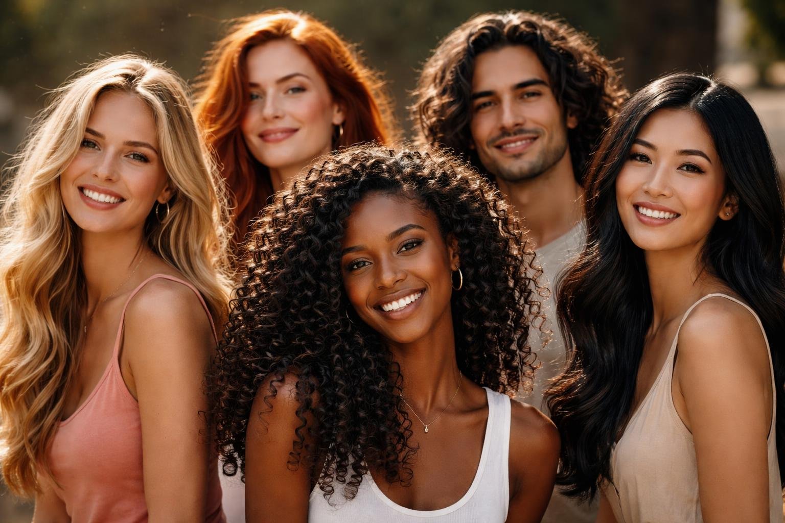 A diverse group of people with different healthy and styled hair looking confident and happy.