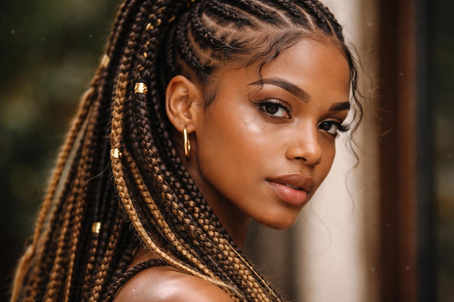 Close-up portrait of a young woman with beautifully braided hair styled creatively, showing detailed texture and natural stray hairs.