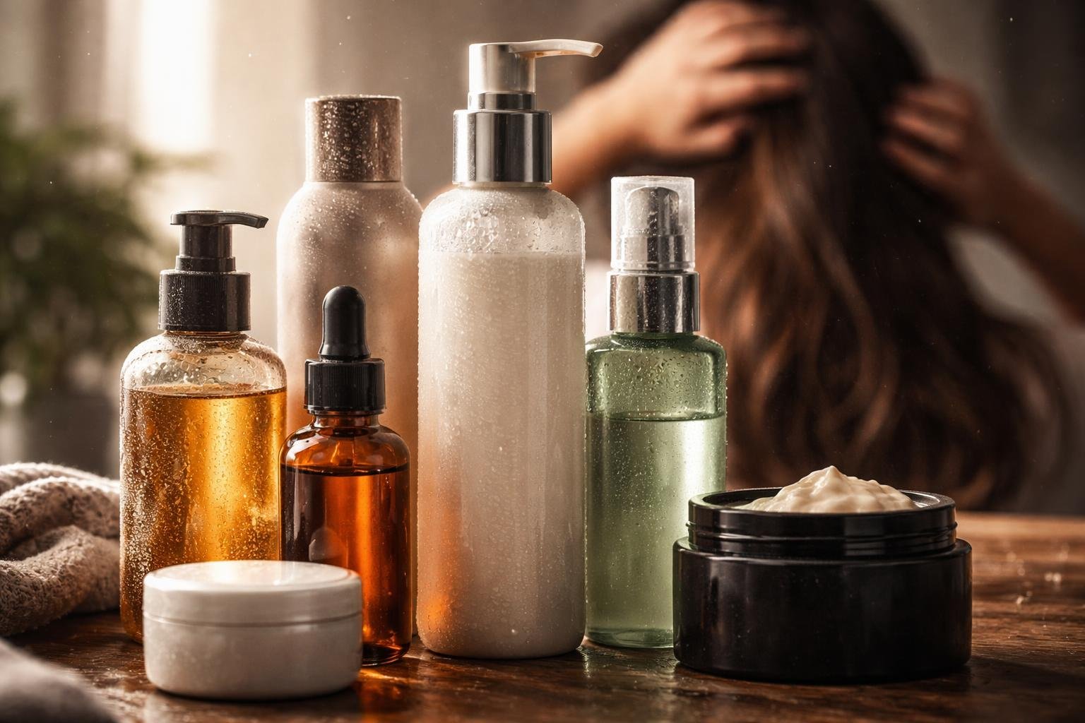 Close-up of various hair care products on a wooden surface with a person gently touching their scalp in the background.