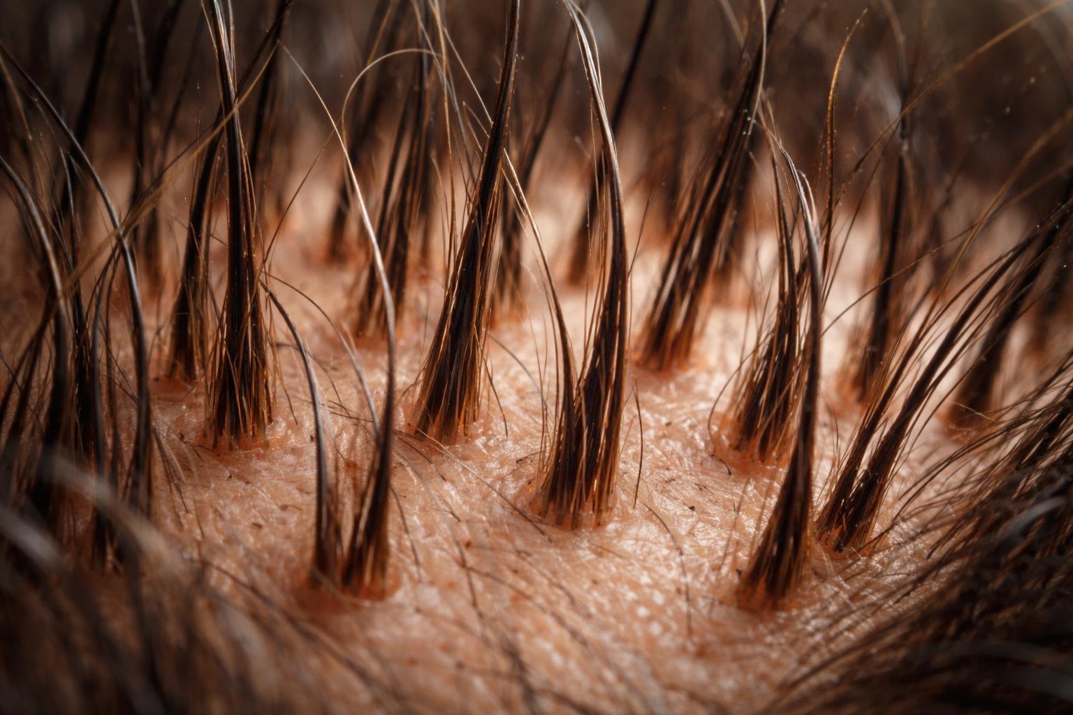 Close-up view of human hair strands growing from the scalp, showing detailed textures and natural variations.