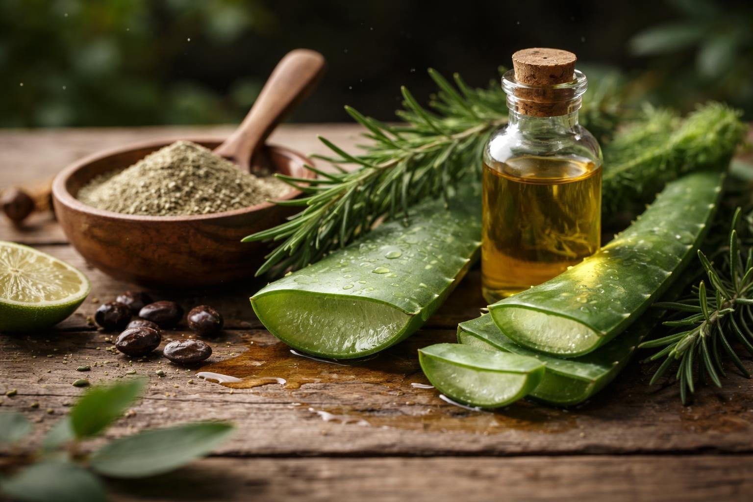 Close-up of natural hair growth ingredients including aloe vera, rosemary, castor oil, and herbal powder arranged on a wooden surface.