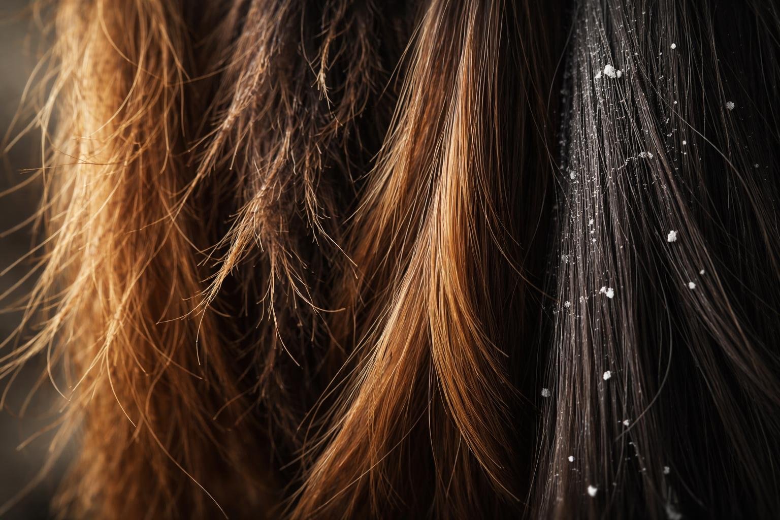 Close-up of diverse hair strands showing dryness, frizz, split ends, and dandruff with some healthy hair in the background.