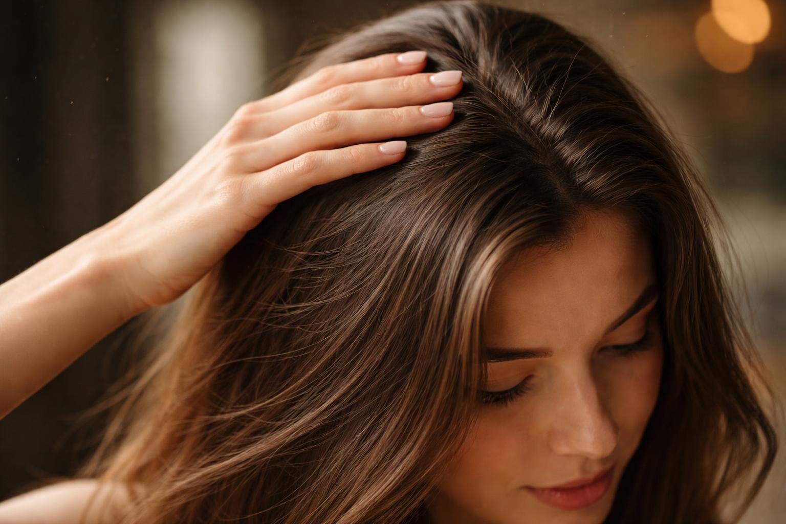 Close-up of a woman smoothing her hair to fix frizz and flyaways.