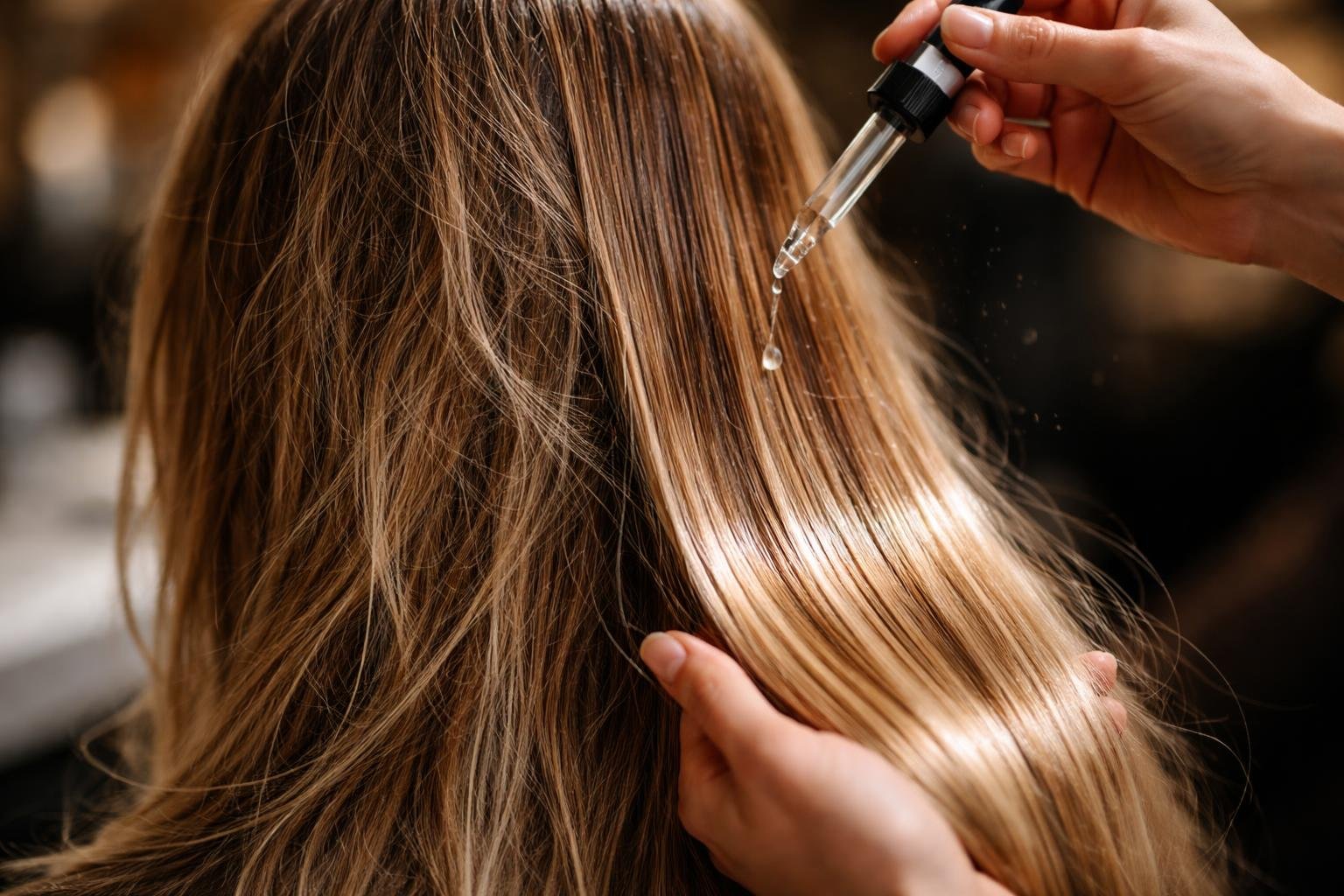 Close-up of a woman’s hair being treated with a nourishing serum to repair dryness and damage.