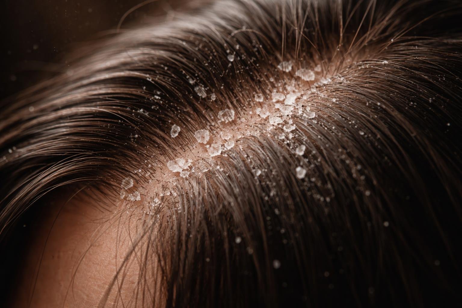 Close-up of a person's scalp and hair showing dandruff flakes and dry skin patches.