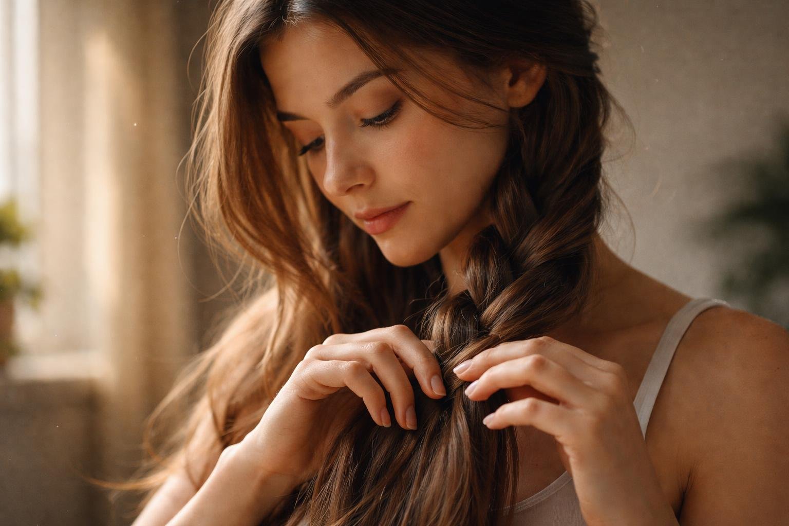 A young woman styling her hair gently in the soft morning light near a window.