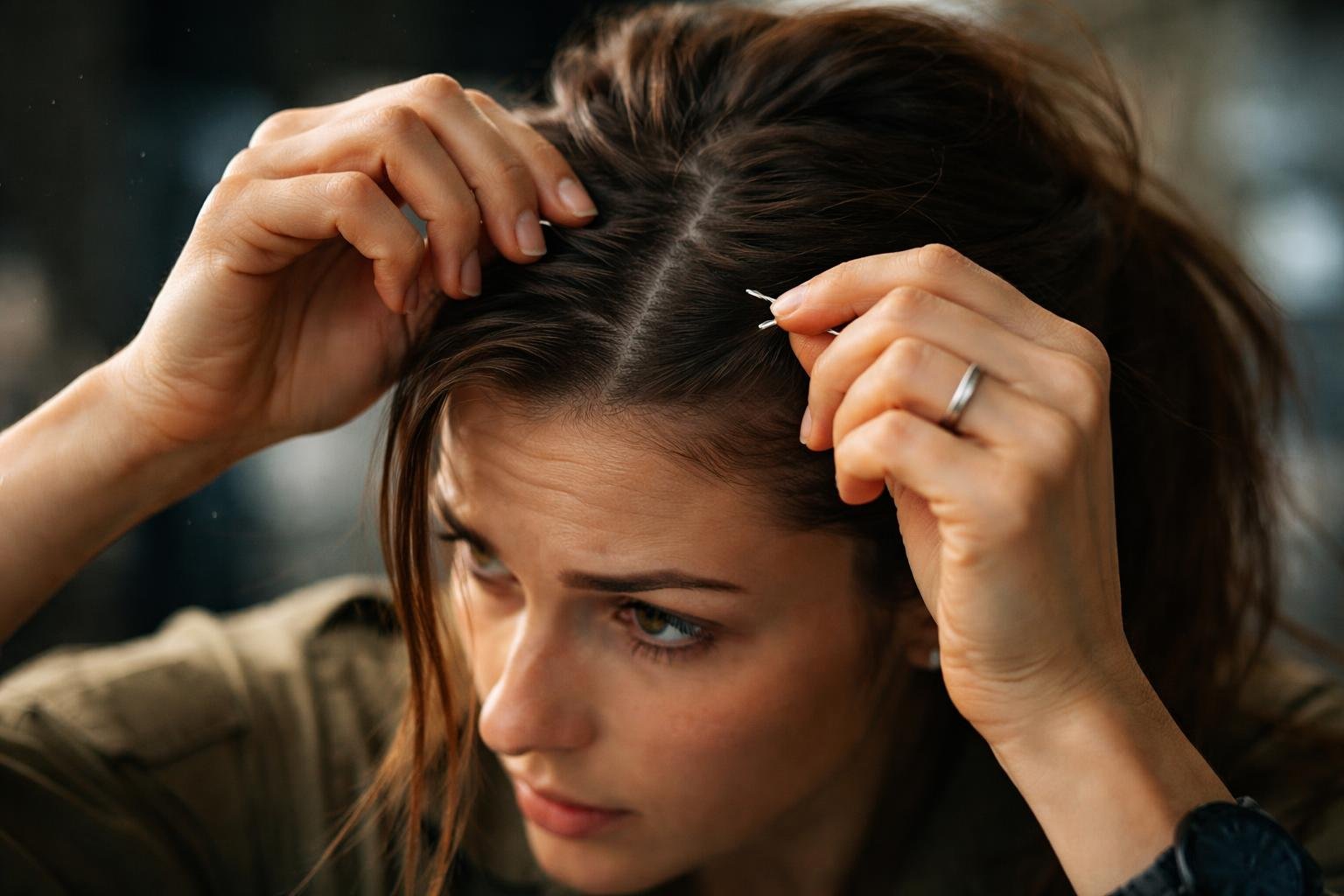 A woman quickly styling her hair using a bobby pin, focusing on her hands and hair strands in a close-up view.