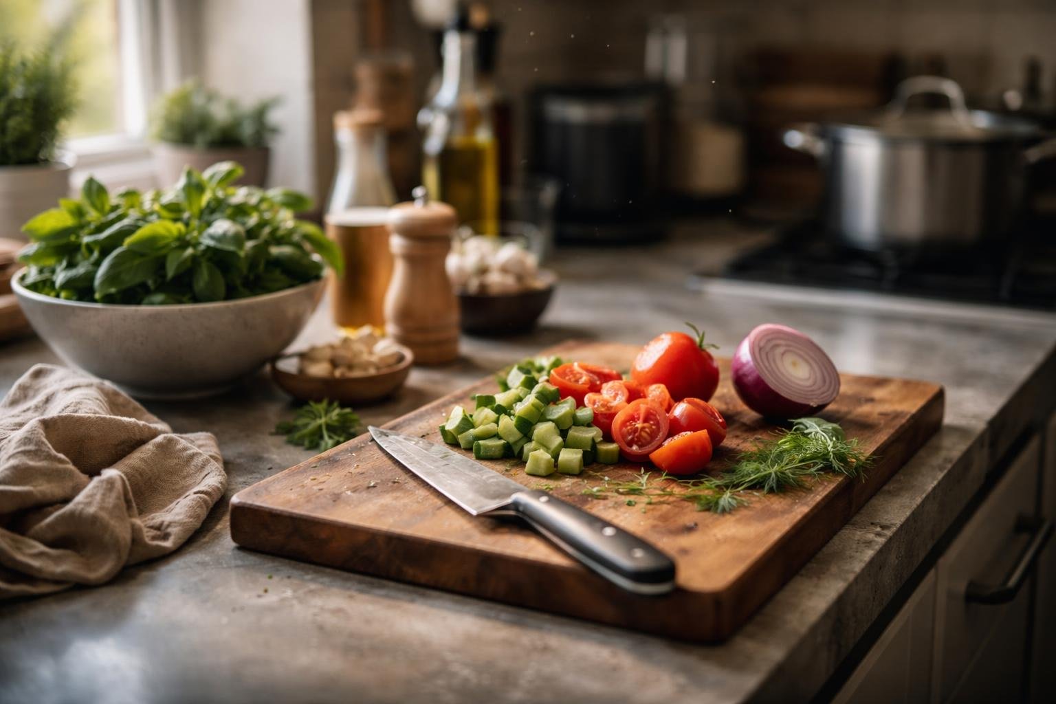 A modern kitchen countertop with fresh vegetables, a cutting board with a knife, and a bowl of herbs, illuminated by natural light from a window, with kitchen appliances blurred in the background.