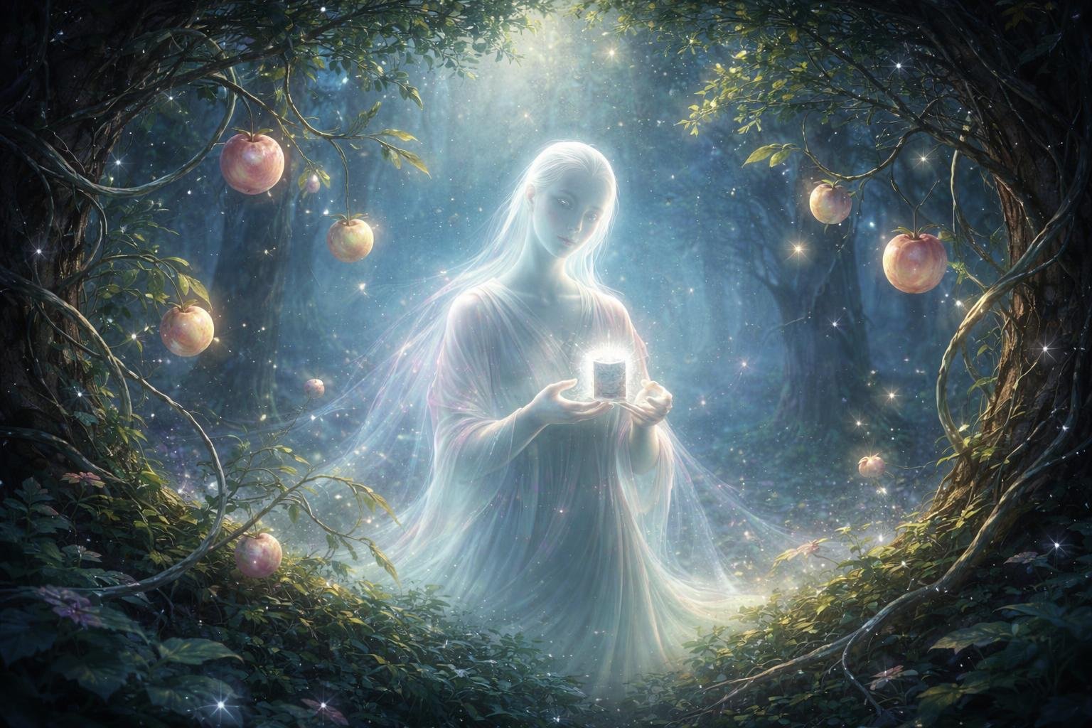 A glowing spirit in a mystical forest holds a magical staple-shaped object surrounded by floating fruits and glowing vines.