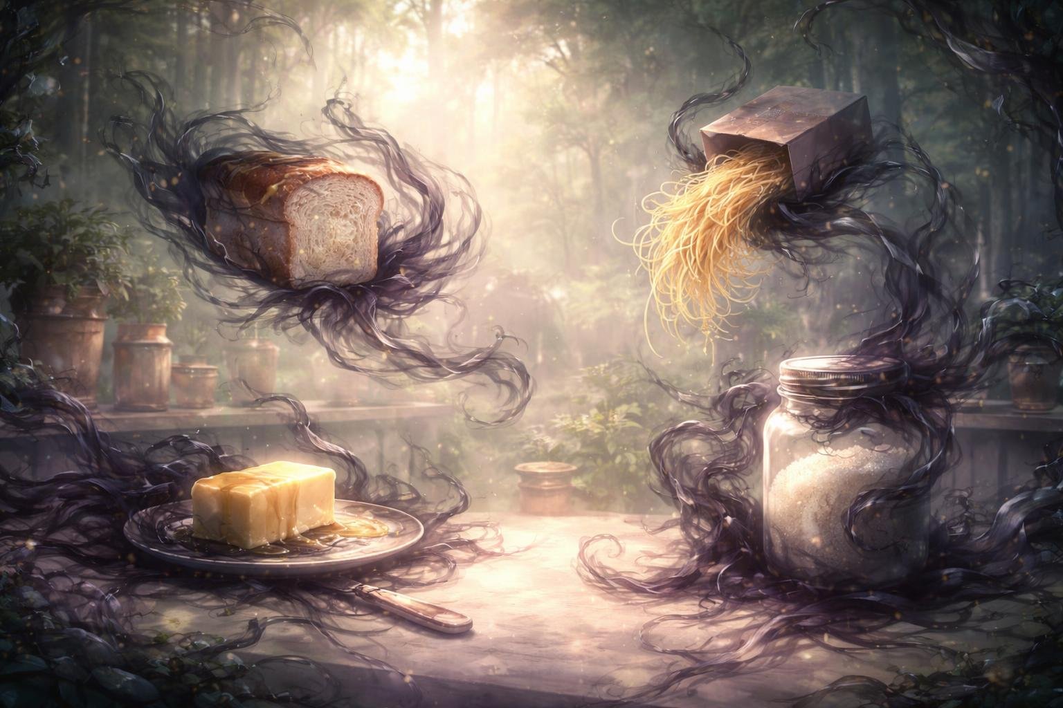 A glowing kitchen scene with floating common food items surrounded by soft shadows and mist, blending into a dreamy forest background.