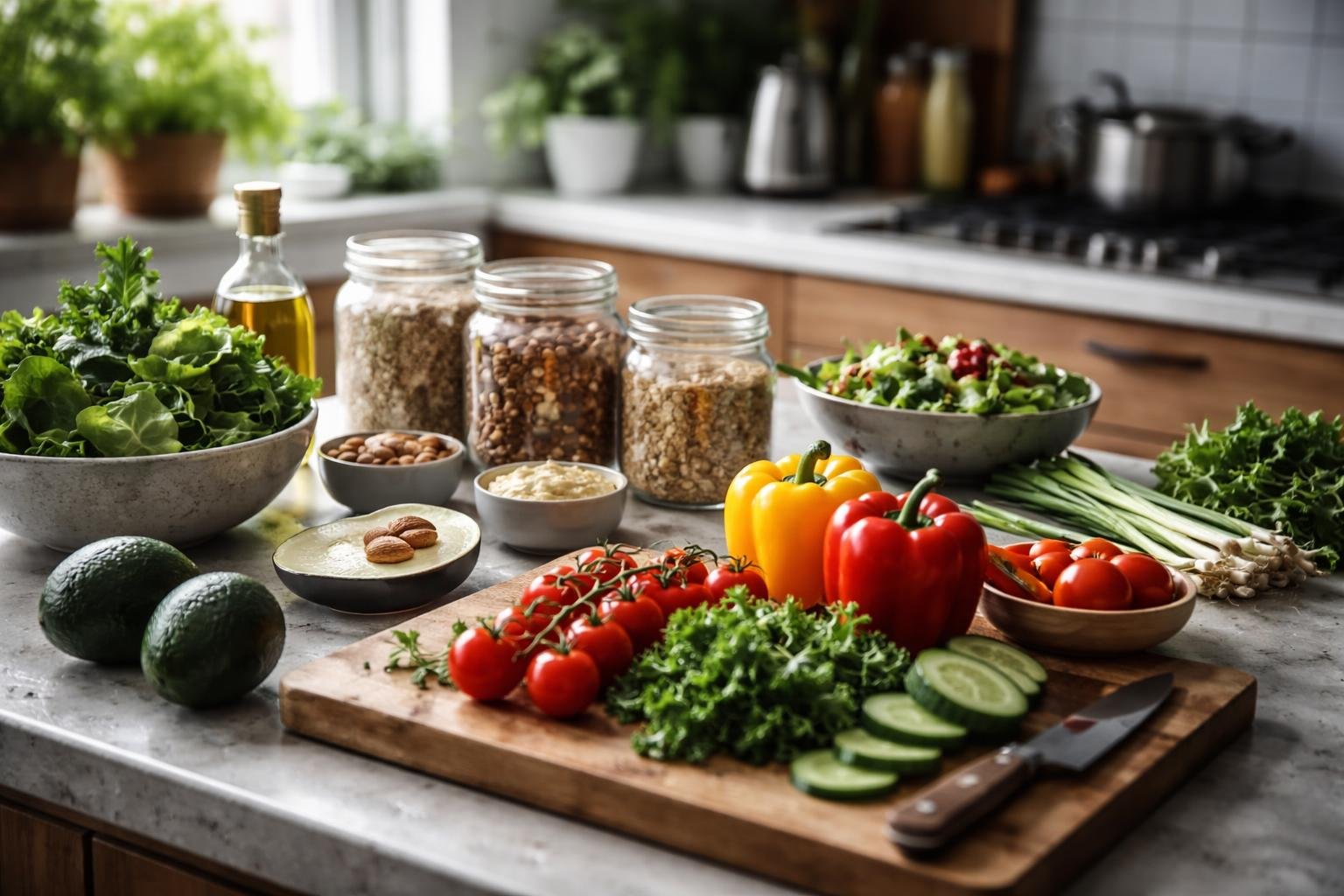 A modern kitchen counter with fresh vegetables, glass jars of grains and nuts, a wooden cutting board, and stainless steel appliances arranged neatly.