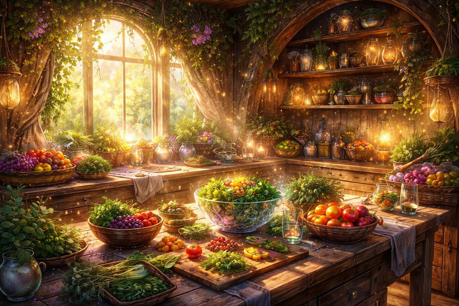 A warm kitchen filled with fresh fruits, vegetables, and glowing magical light, creating a cozy and inviting atmosphere.