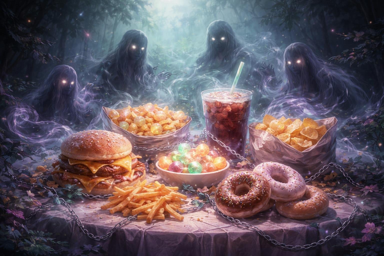 A mystical table with glowing processed snacks surrounded by mist and shadowy figures in a dreamlike forest, symbolizing hidden dangers.
