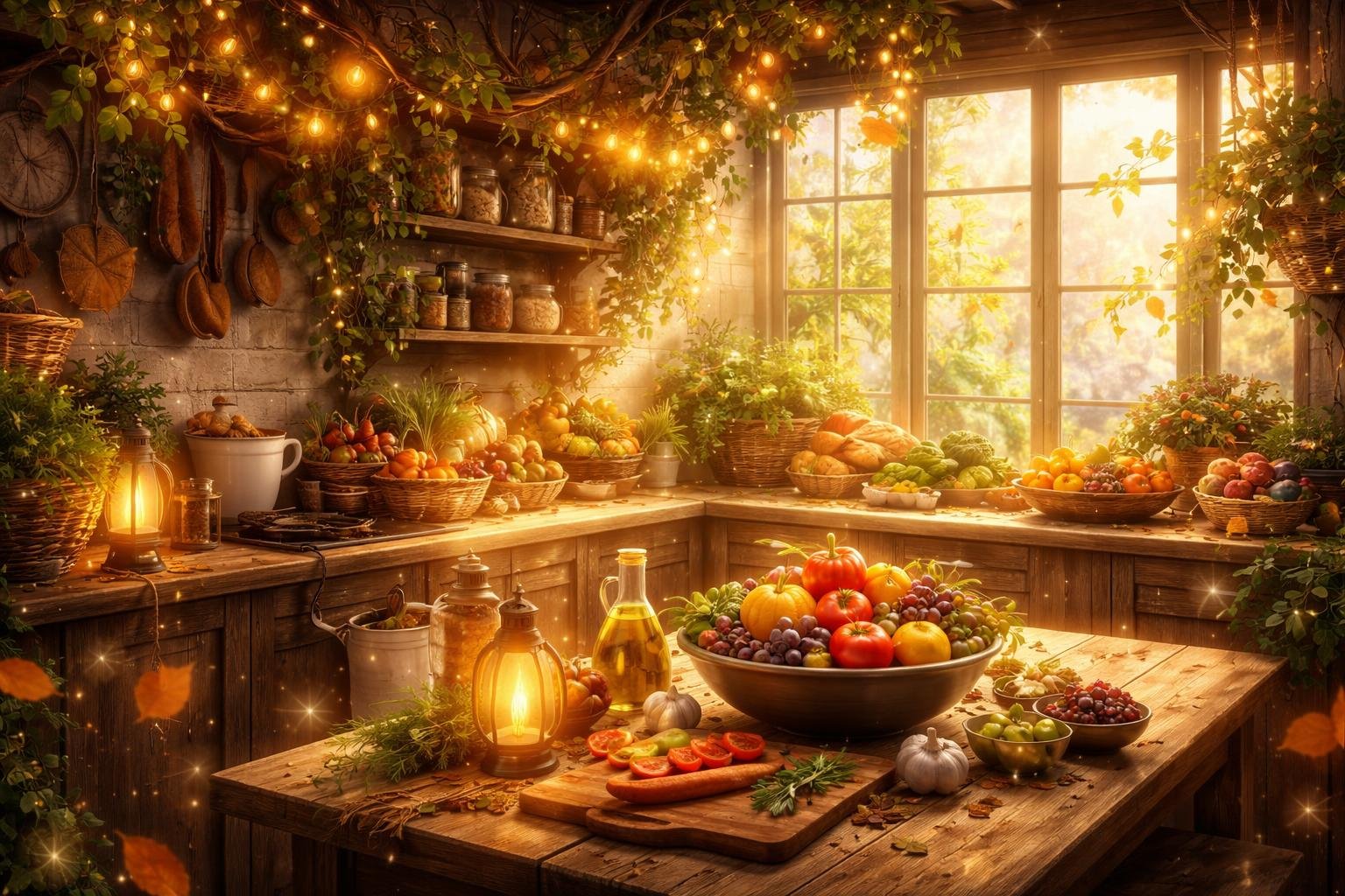 A warm kitchen filled with fresh fruits and vegetables, glowing vines, autumn leaves, and soft golden light creating a peaceful and joyful atmosphere.