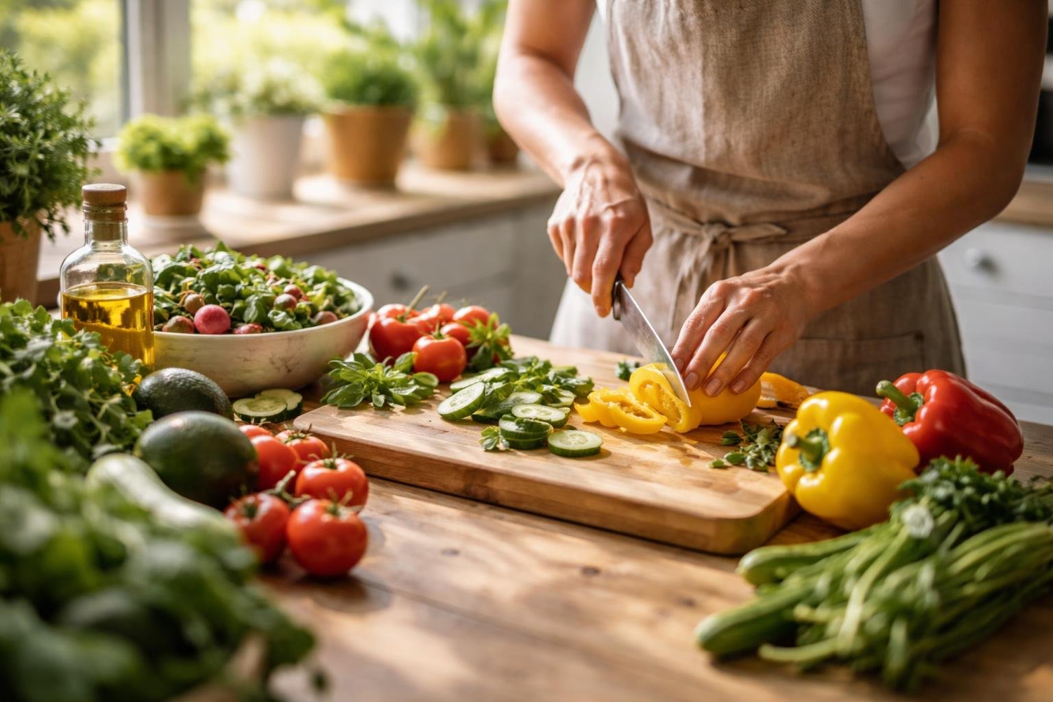 A person preparing fresh vegetables on a wooden cutting board in a bright kitchen filled with natural light and fresh ingredients.
