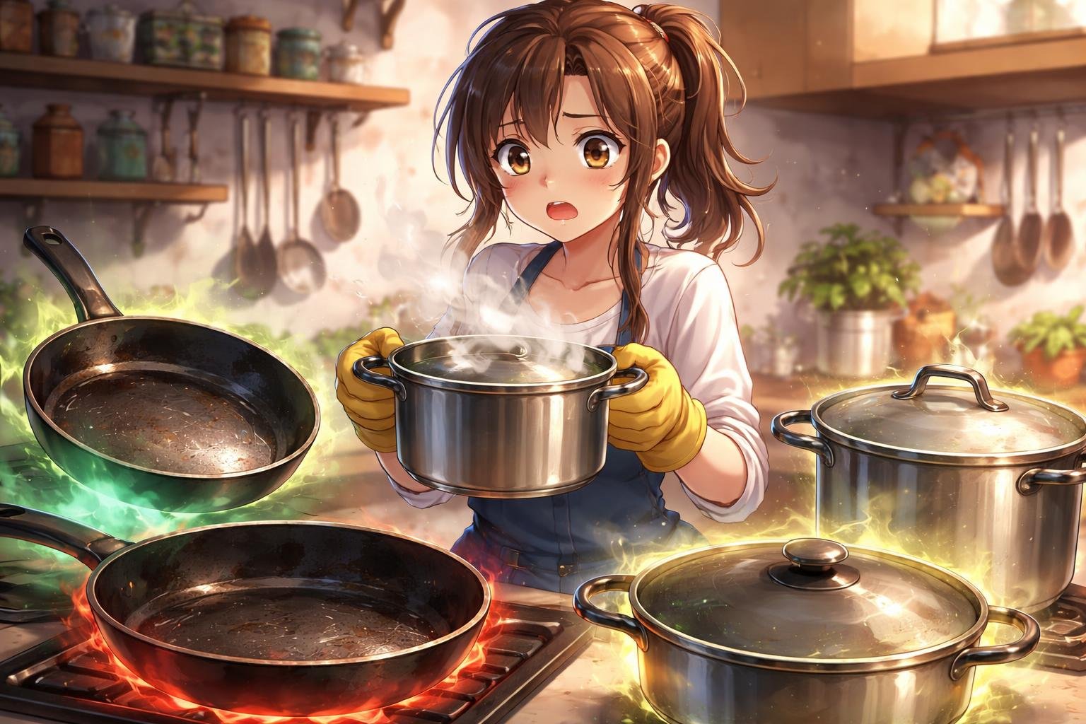A young woman in a kitchen holding a steaming pot, surrounded by various types of cookware on shelves and counters.