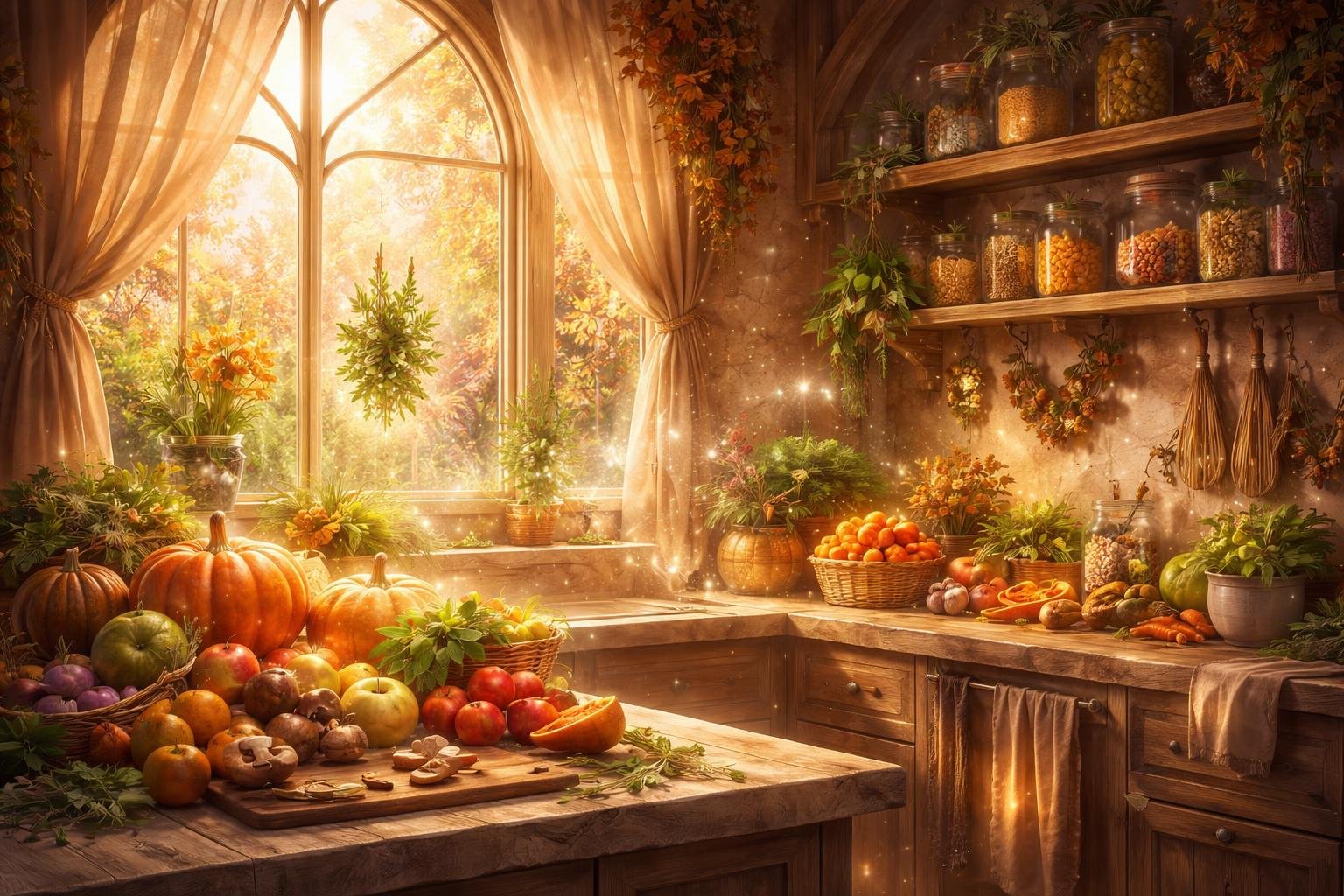 A warm, inviting kitchen filled with fresh autumn produce, glowing herbs, and soft golden light streaming through large windows.