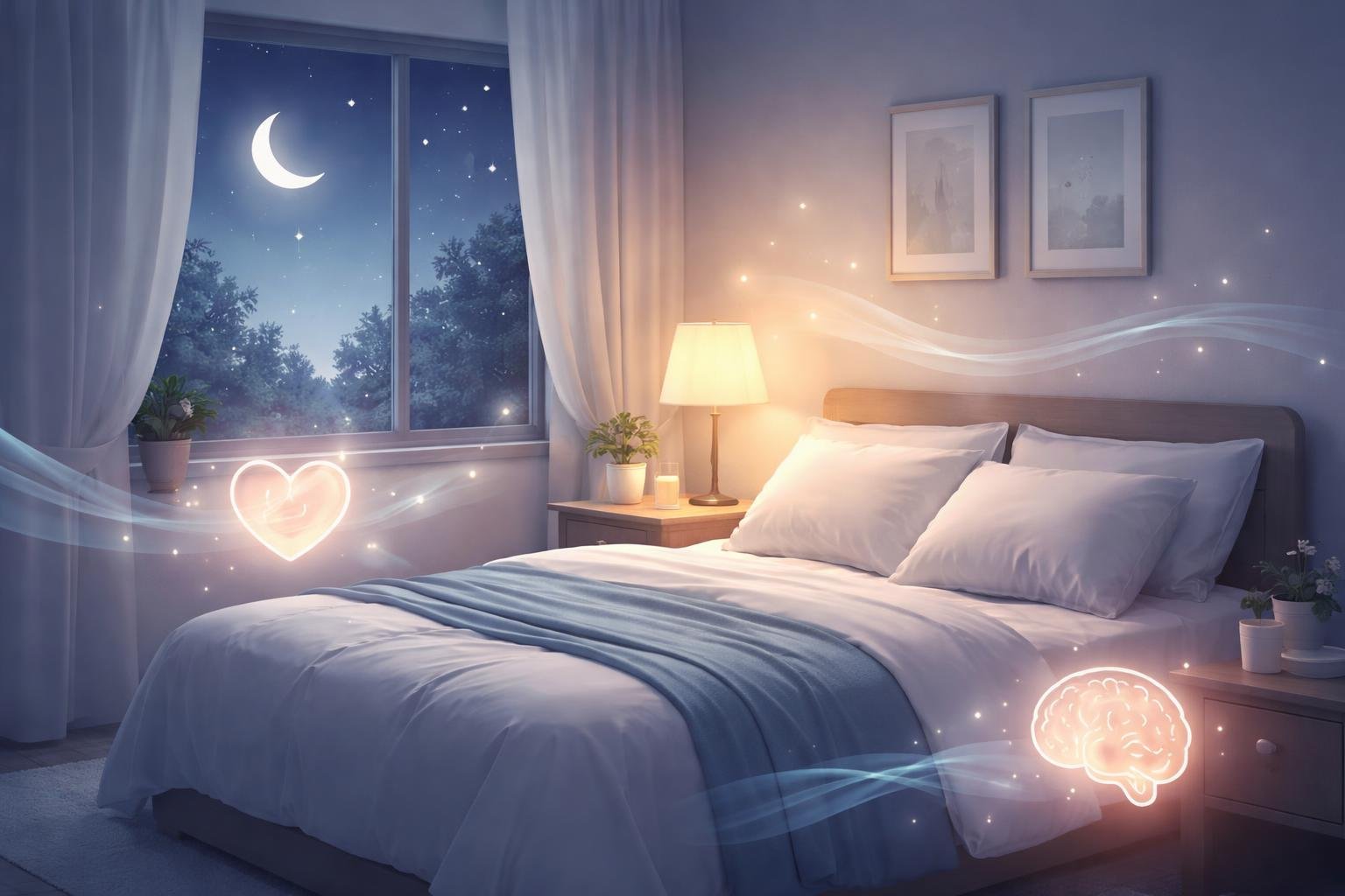 A peaceful bedroom at night with a comfortable bed, bedside lamp, and a window showing a crescent moon and stars, symbolizing restful sleep and health.