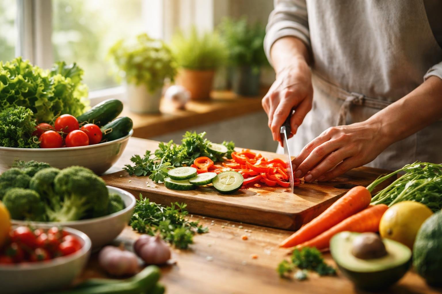 Hands chopping fresh vegetables on a wooden countertop in a bright kitchen filled with natural light.