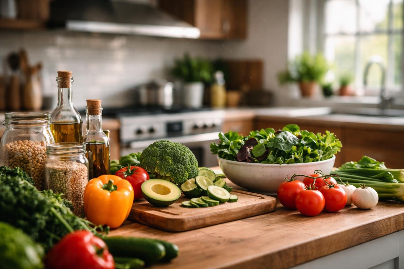 A modern kitchen countertop with fresh vegetables, glass jars, and stainless steel appliances illuminated by natural light.