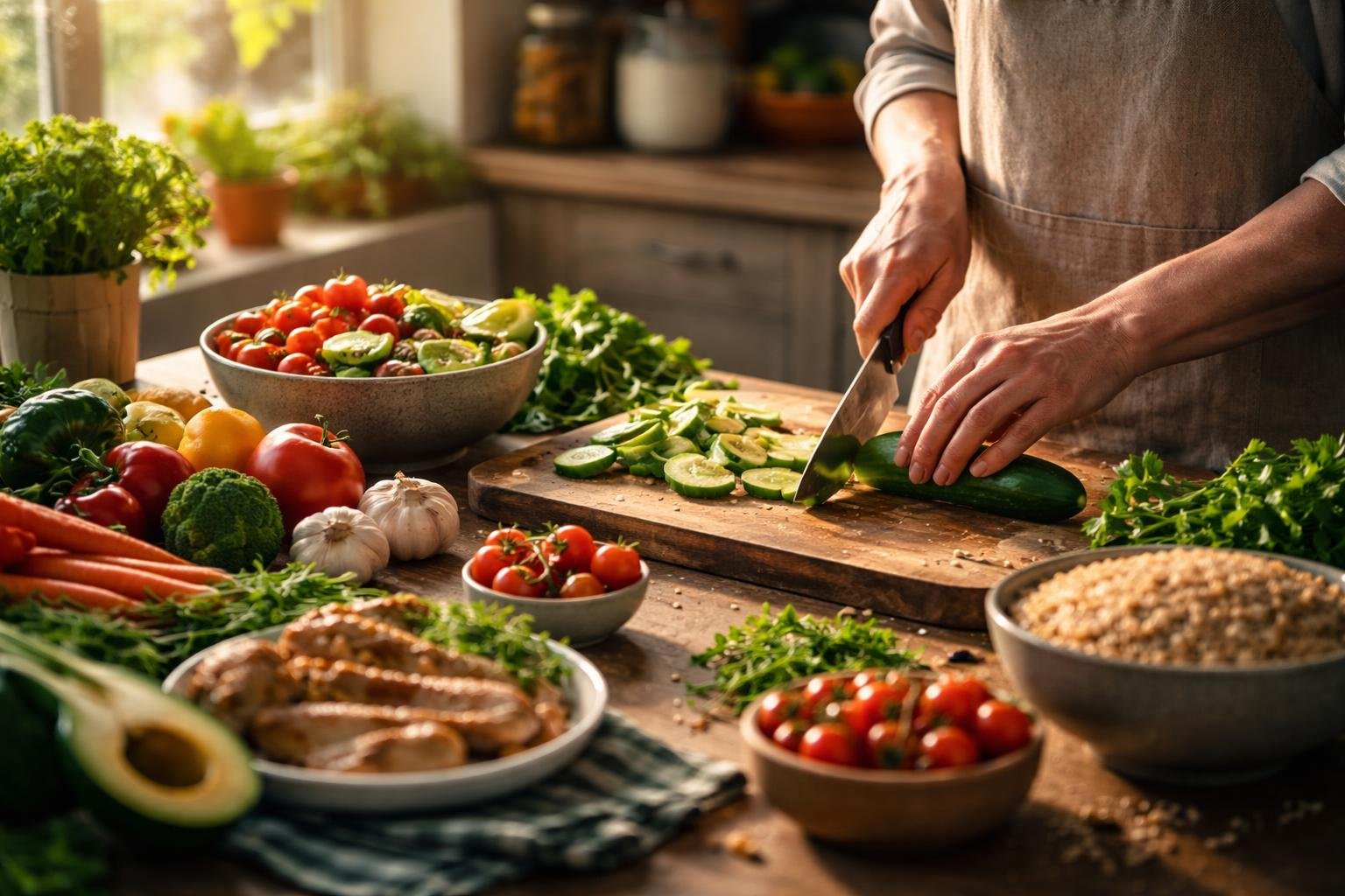 A person chopping fresh vegetables on a wooden table in a bright, clean kitchen filled with fresh ingredients and natural light.