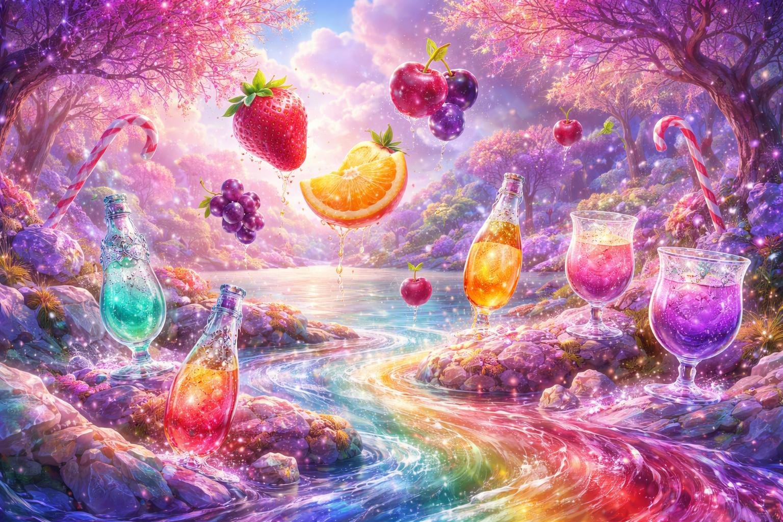 A magical landscape with glowing fruits floating above sparkling streams of juice and soda, surrounded by enchanted bottles and candy-like trees near a shimmering lake.