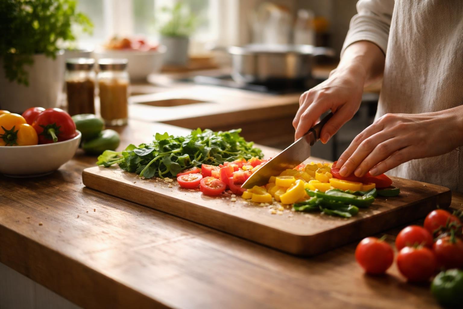 Hands chopping fresh vegetables on a wooden cutting board in a bright, cozy kitchen with jars of spices and a steaming pot in the background.