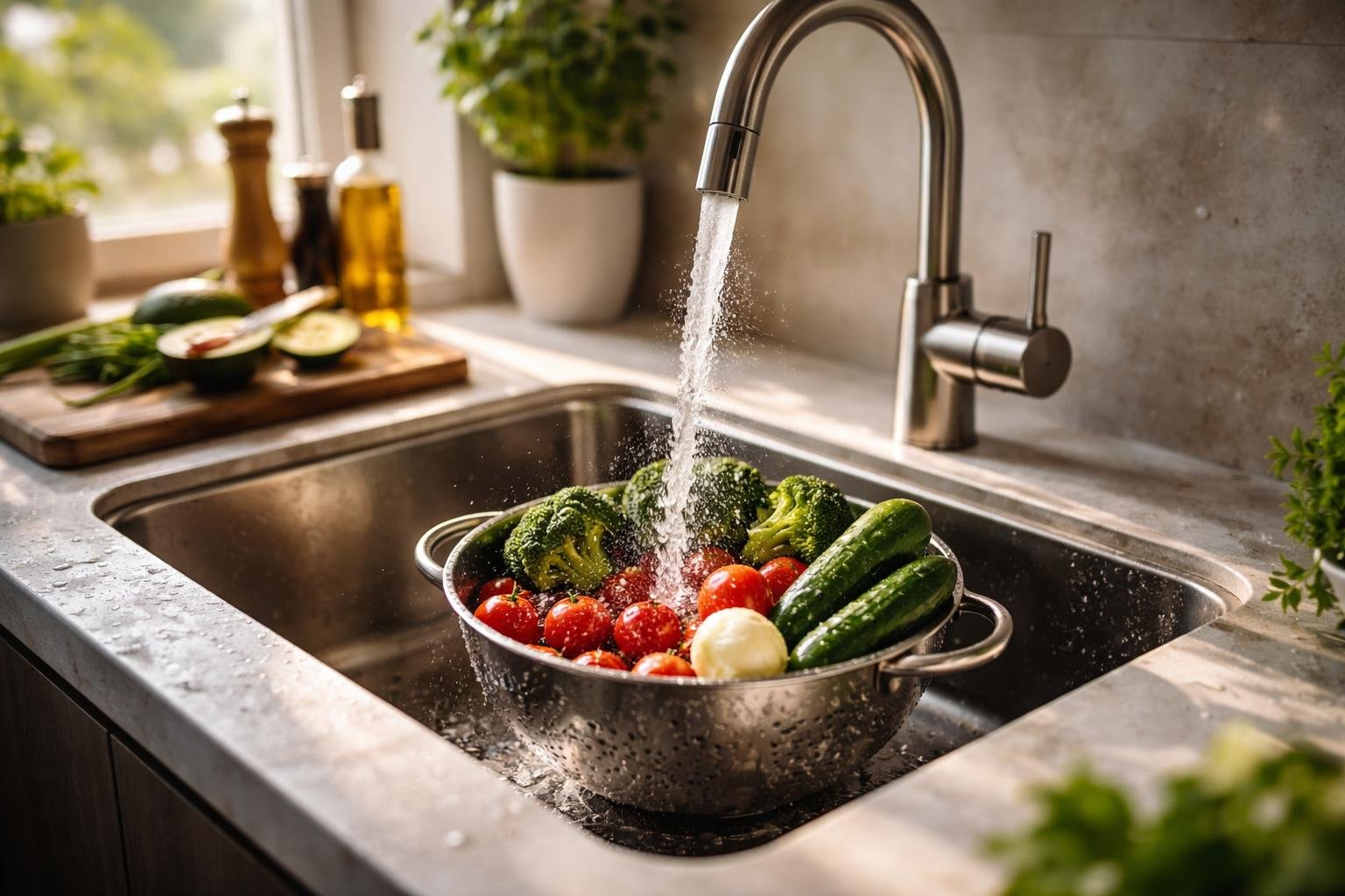 A clean kitchen sink area with fresh vegetables being rinsed under running water on a modern countertop.