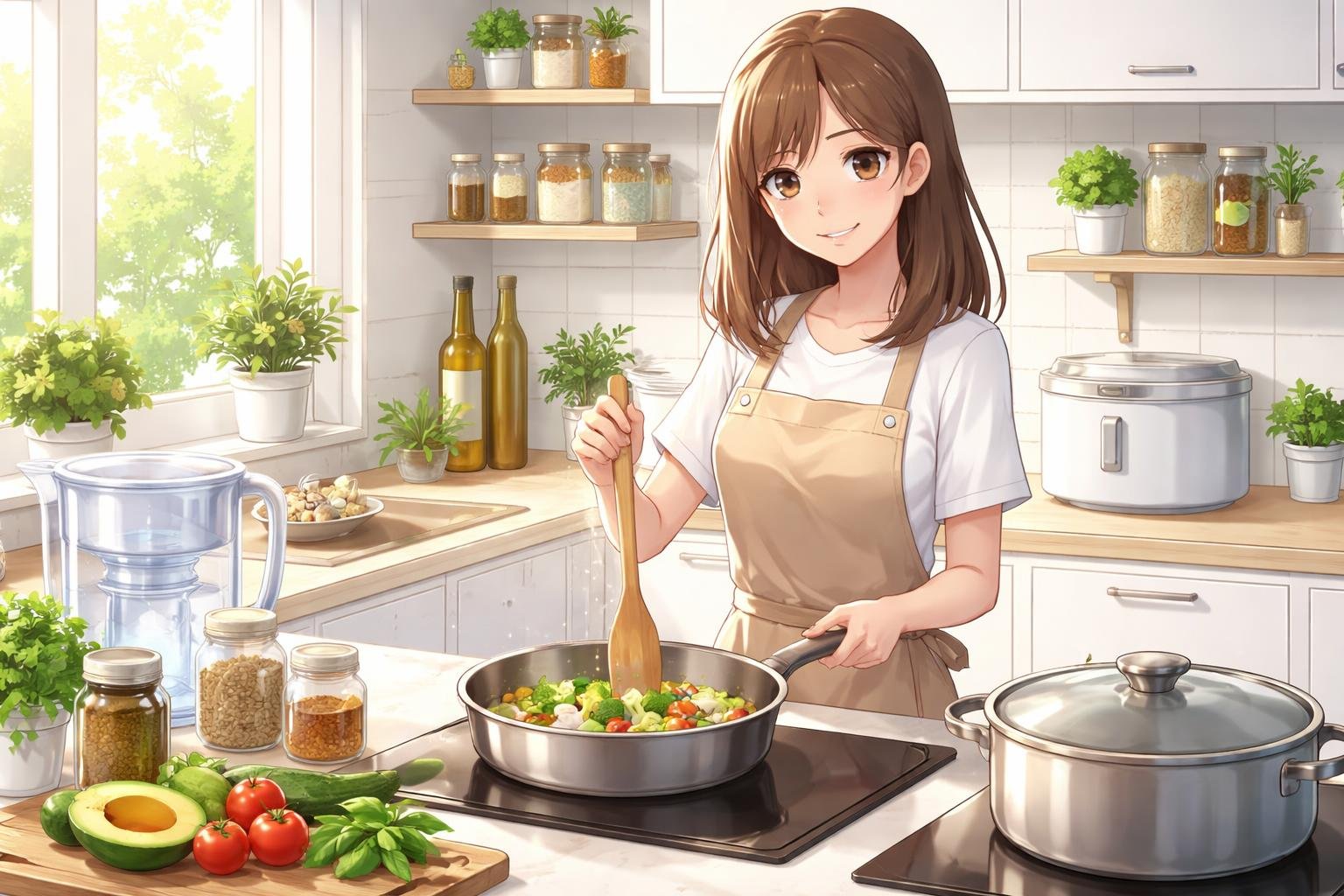 A person cooking in a clean kitchen using safe cookware with fresh vegetables and natural light coming through a window.