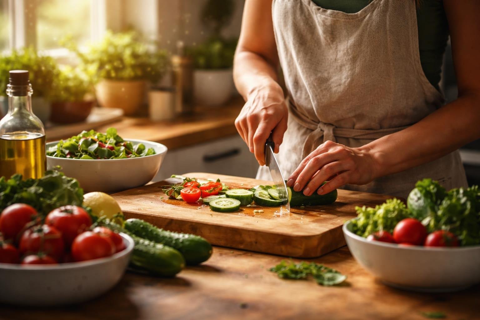 A person joyfully chopping fresh vegetables on a wooden cutting board in a sunlit kitchen filled with fresh produce.