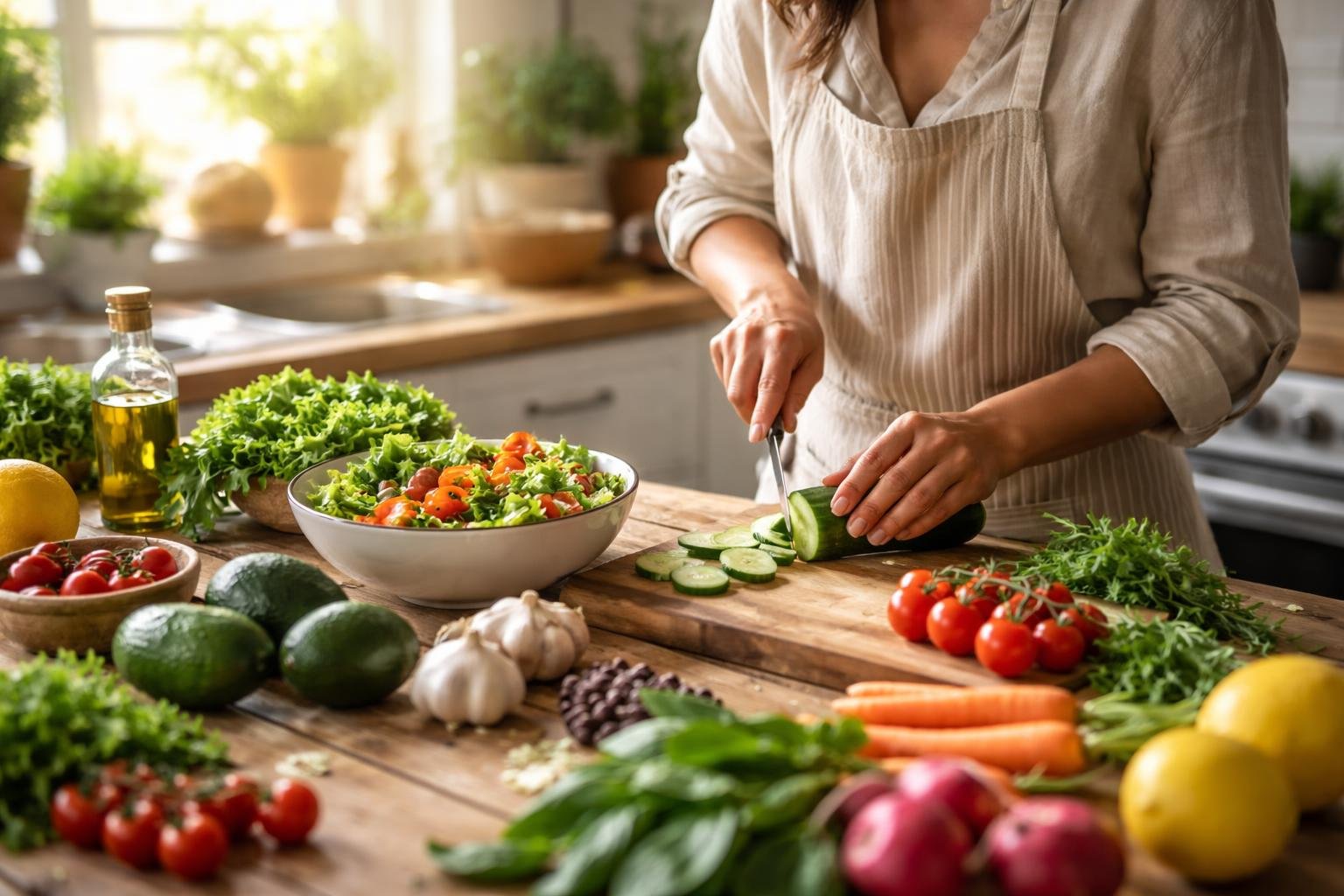 A person preparing a healthy meal in a bright, modern kitchen with fresh vegetables and herbs on the countertop.