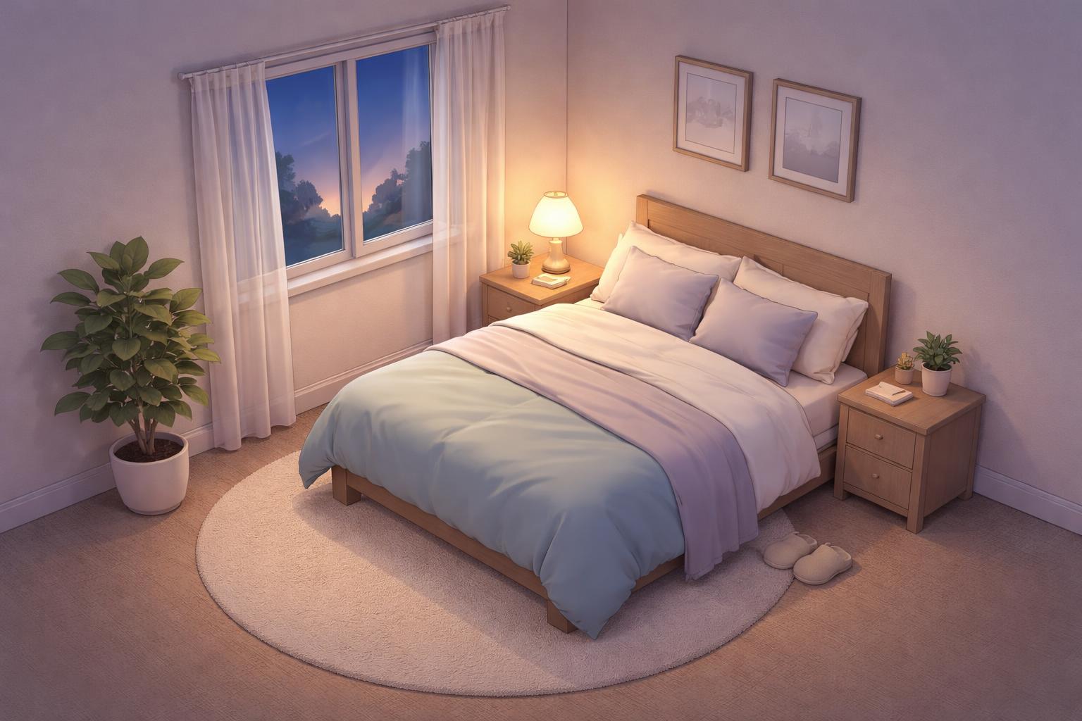A cozy bedroom with a bed, nightstand with lamp, plant, and window showing a twilight sky.