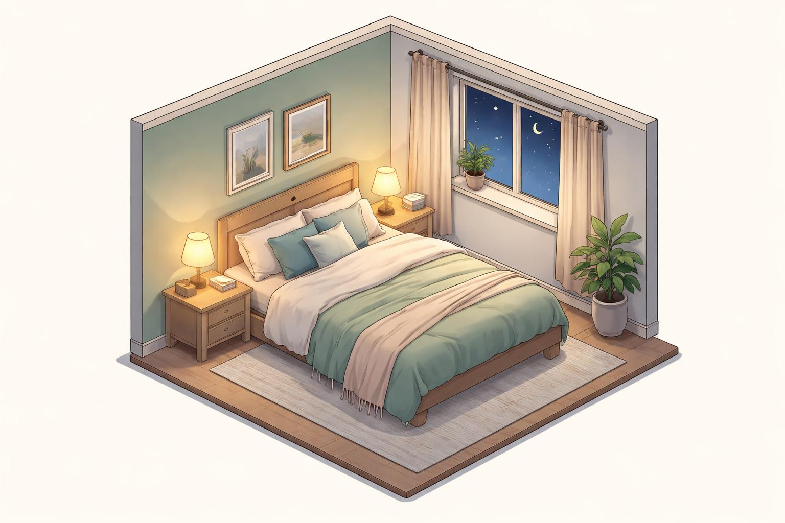 A cozy bedroom with calming blue and green walls, a comfortable bed, a nightstand with a glowing lamp, a window showing a starry night, and a potted plant, creating a peaceful sleeping environment.