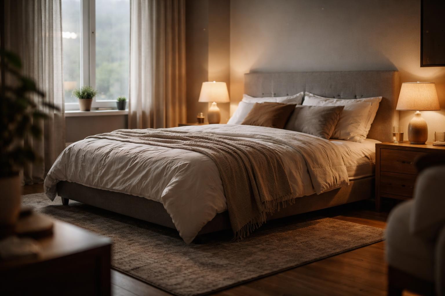 A modern bedroom with a neatly made bed, soft lighting from a bedside lamp, sheer curtains filtering daylight, and wooden flooring with a rug, arranged to suggest how bedroom layout affects sleep.