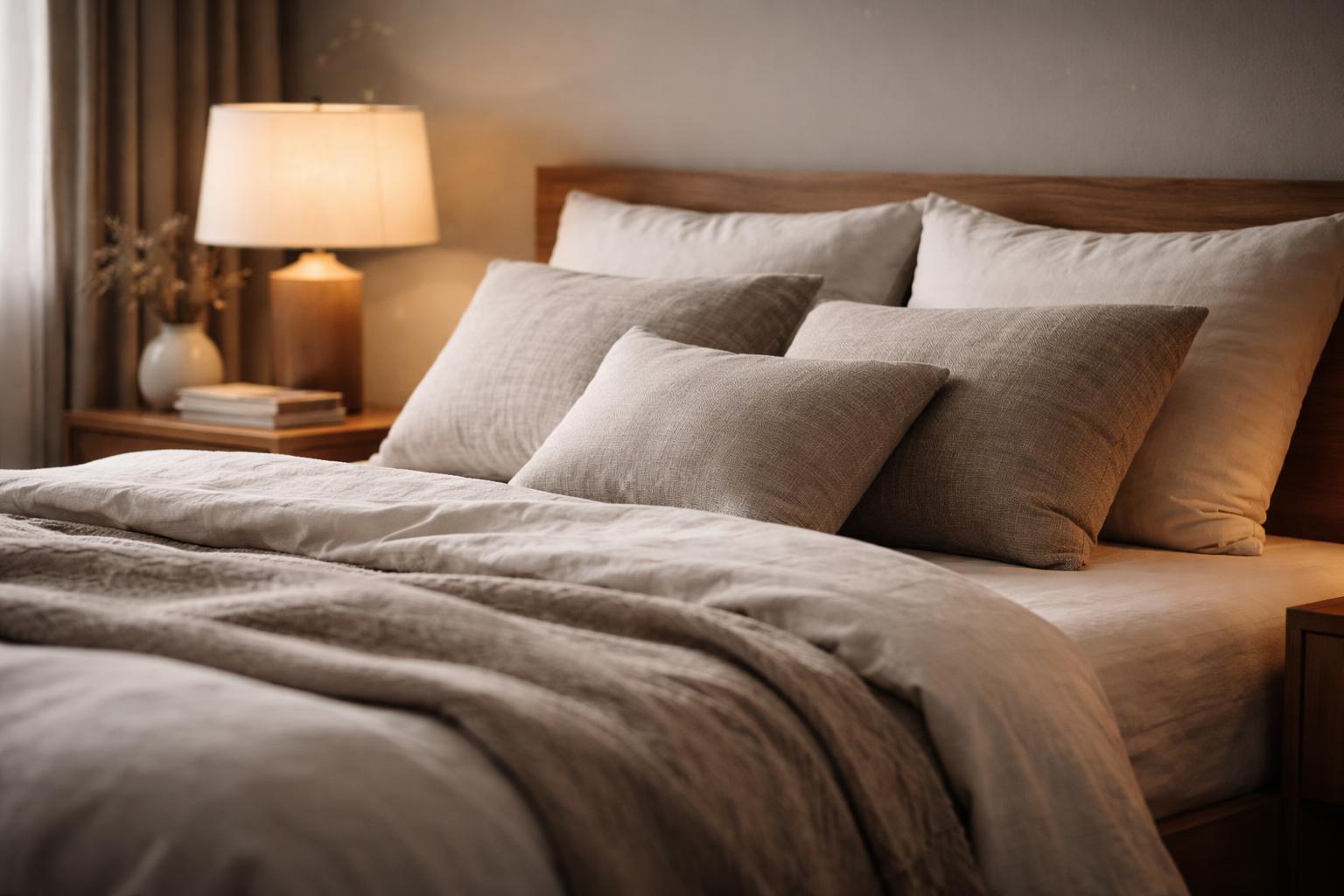 A neatly made bed with textured bedding and pillows in a modern bedroom, next to a wooden nightstand with a lamp, creating a cozy and inviting sleep environment.