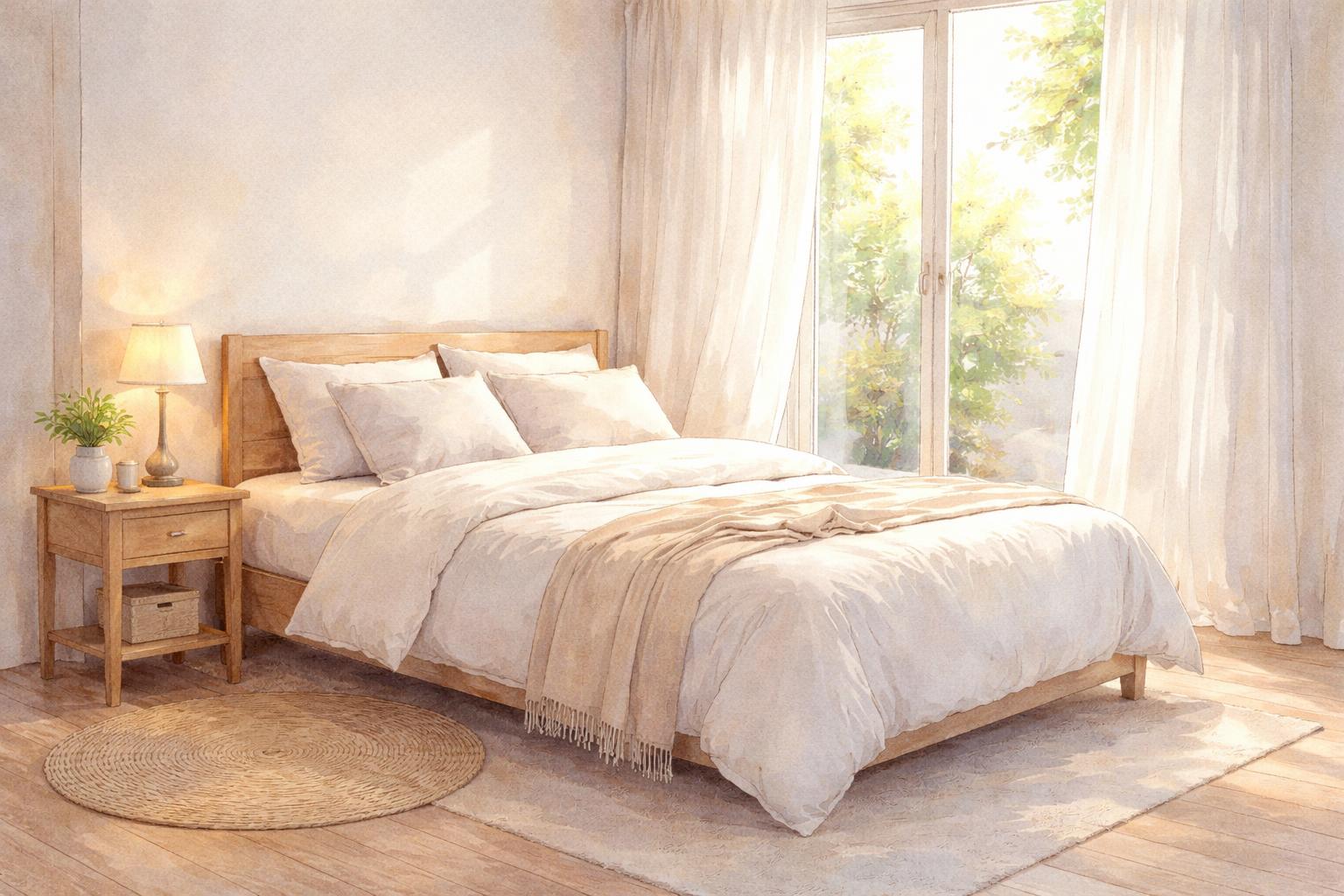 A peaceful bedroom with a neatly made bed, soft sunlight coming through sheer curtains, a small plant on a nightstand, and a clear floor, creating a calm and tidy space.