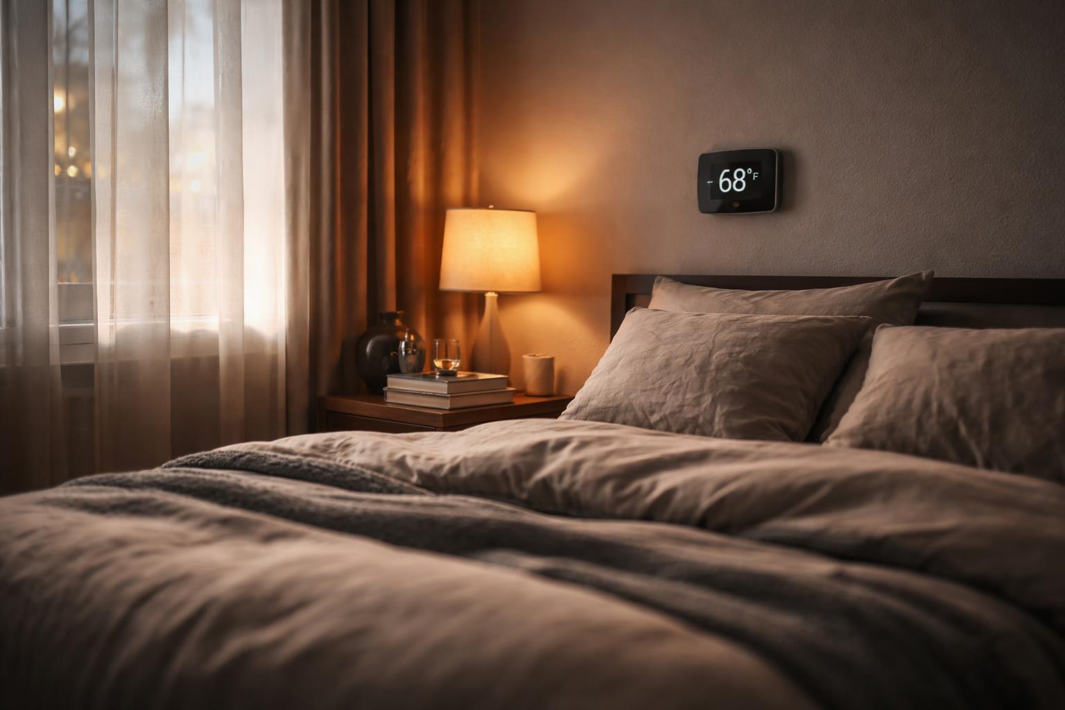 A cozy bedroom with a neatly made bed, soft natural light coming through curtains, a digital thermostat on the wall, and a bedside table with books.