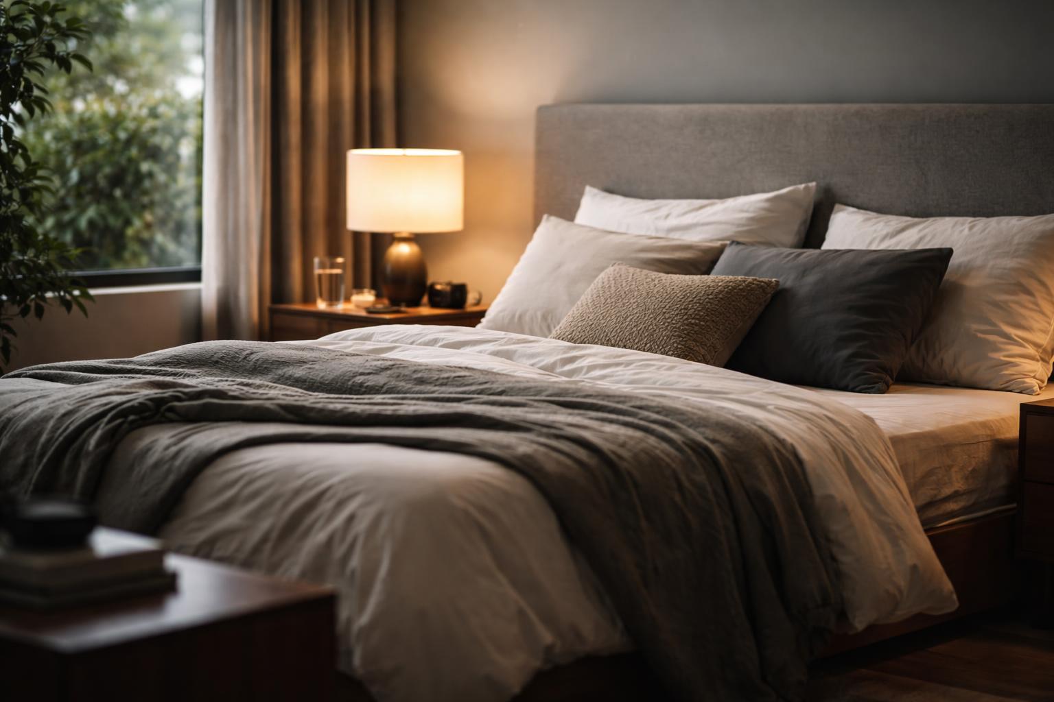 A cozy bedroom with a neatly made bed, bedside table with lamp, and soft natural light coming through a partially open curtain.