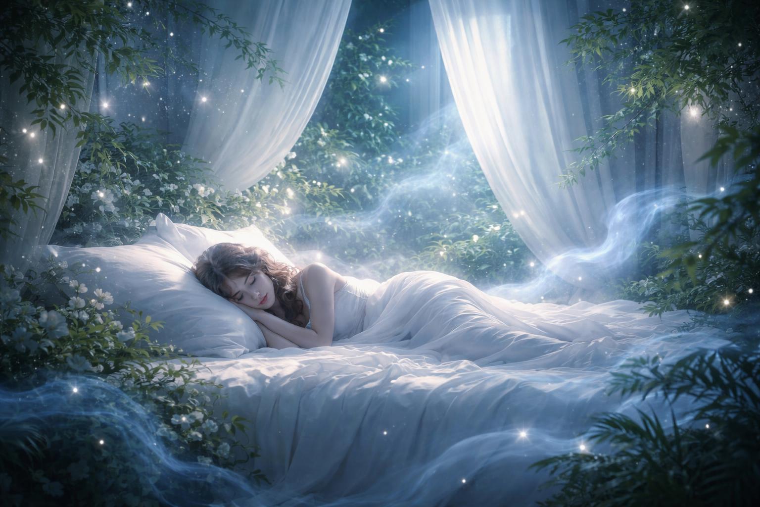 A peaceful bedroom with a sleeping person surrounded by green plants and soft glowing light, creating a calm and fresh atmosphere.