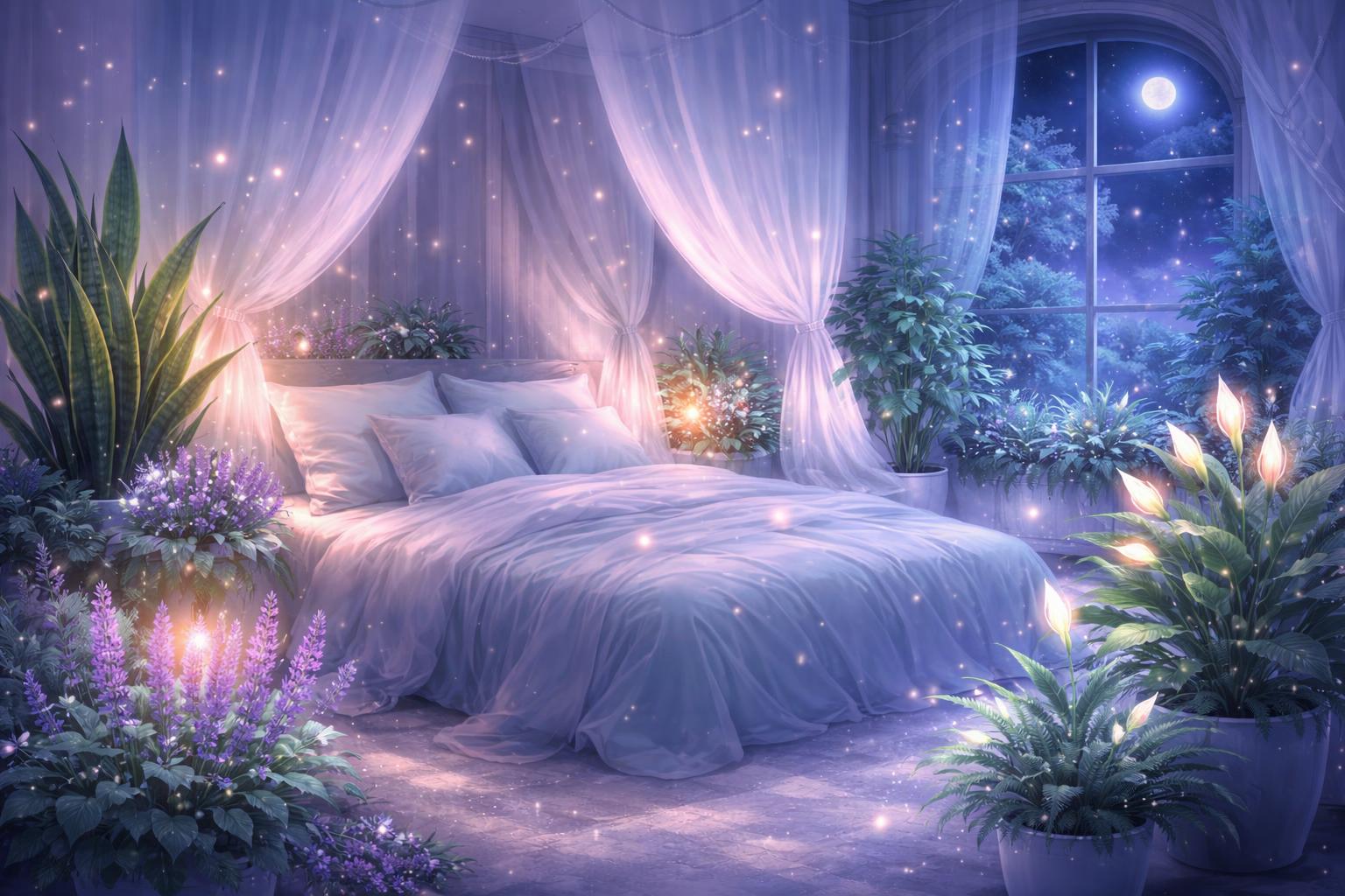 A cozy bedroom filled with various leafy plants glowing softly under moonlight, with a bed surrounded by greenery and a starry night sky visible through a window.