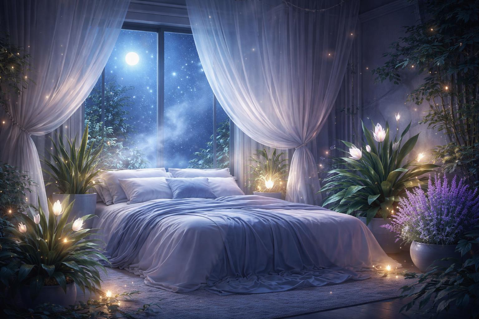 A peaceful bedroom with a large bed surrounded by glowing green plants and soft moonlight coming through a window.