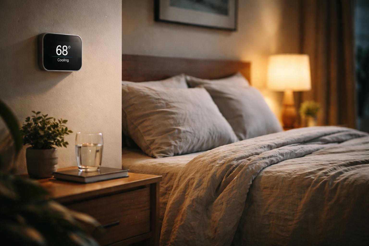A modern bedroom with a neatly made bed, a digital thermostat on the wall, a bedside lamp, and a nightstand with a plant and glass of water.