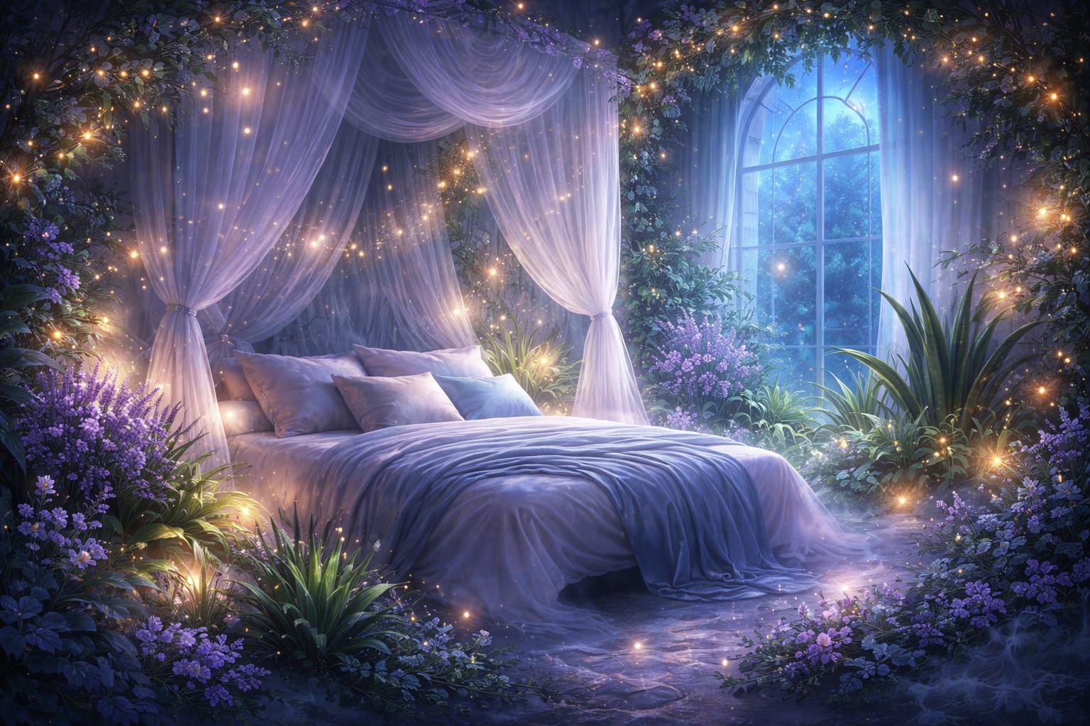 A peaceful bedroom filled with glowing plants and soft moonlight, featuring a cozy bed surrounded by lush greenery and floating lights.