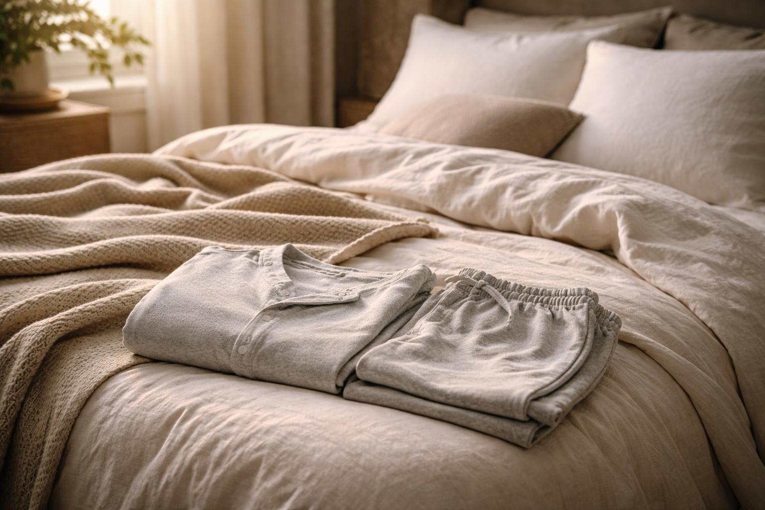 A cozy bedroom with neatly made bed featuring breathable bedding and folded sleepwear, softly lit by natural light through a window.